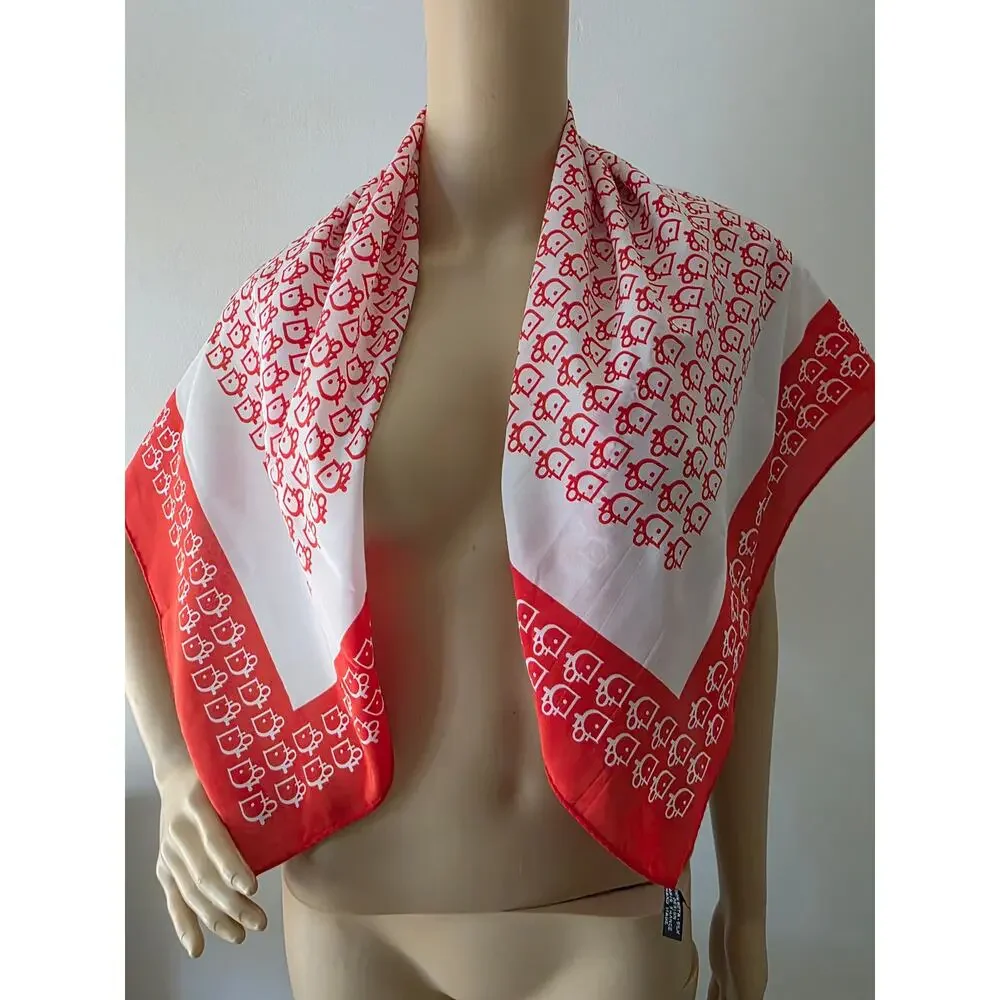 Christian Dior Red White CD Silk Printed Scarf